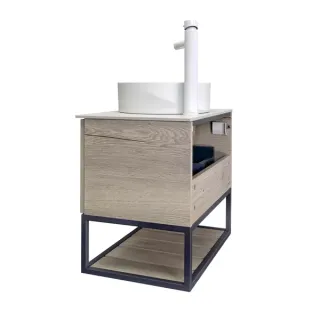 Тумба-умывальник Comforty Прага-60 дуб белый с серой столешницей (Роверелла) с раковиной 9055RA-50