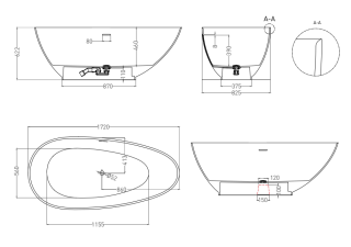 Ванна из искусственного камня Salini Paola S-Sense 101512GRH 172x82см RAL снаружи