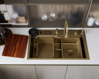 Кухонная мойка многофункц. DQ нерж.сталь матовое золото в комплекте со смесителем и аксессуарами (DKS754607)