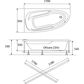 Акриловая ванна 1ACReal Мадрид Щ0000045646 правая обрезанная 170x95 см белый