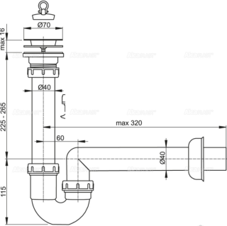 Сифон для мойки AlcaPlast трубчатый с нержавеющей решеткой ?70 A800-DN40