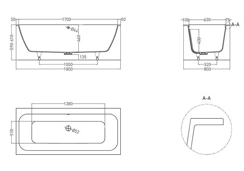 Ванна из искусственного камня Salini Orlanda Axis S-Stone 103222M 180x80см белый матовый