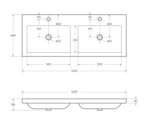 Раковина из искусственного мрамора с двумя чашами Cezares CZR-1200/480-2-LV-MR-ECO 120x480x155 белый