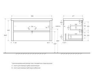 База под раковину Cezares подвесная с двумя выкатными ящиками, Брашированное золото, 796x478x500, RELAX-800-2C-SO-BORO-P