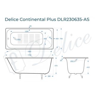 Ванна чугунная Delice Continental PLUS DLR230635-AS с антискользящим покрытием 170х75 см