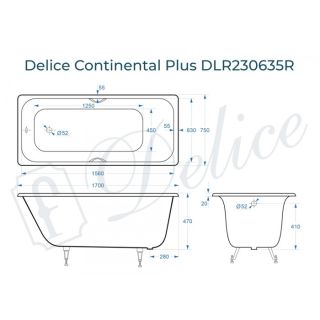 Ванна чугунная Delice Continental PLUS DLR230635R с отверстиями под ручки 170х75 см