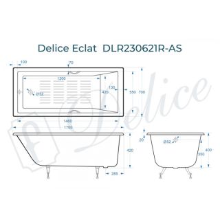 Ванна чугунная Delice Eclat DLR230621R-AS 170х70 с отверстиями под ручки и антискользящим покрытием
