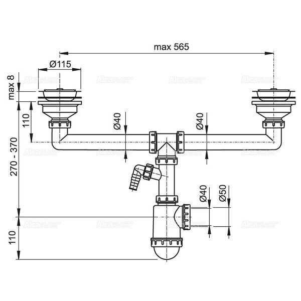 Сифон для двойной мойки AlcaPlast с нержавеющими решетками ?115 и подводкой A453P