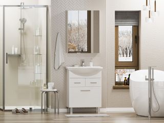 Напольная тумба под раковину Misty Стелла 65см с двумя ящиками и бельевой корзиной белый